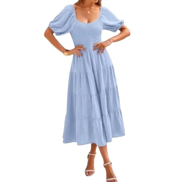 NEW PRETTY GARDEN L Maxi Dress Smocked Swiss Dot High Waist V Neck Tiered Blue - Picture 11 of 15